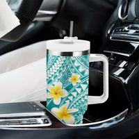 Plumeria Polynesian Teal Glitter Pattern Tumbler With Handle