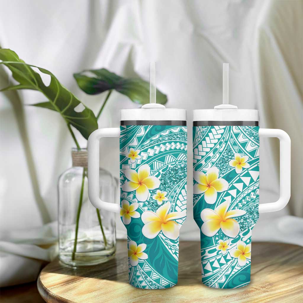 Plumeria Polynesian Teal Glitter Pattern Tumbler With Handle