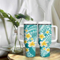Plumeria Polynesian Teal Glitter Pattern Tumbler With Handle