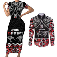 Aotearoa Toitu Te Tiriti Waitangi Couples Matching Short Sleeve Bodycon Dress and Long Sleeve Button Shirt Proud To Be Maori LT01 Black - Polynesian Pride
