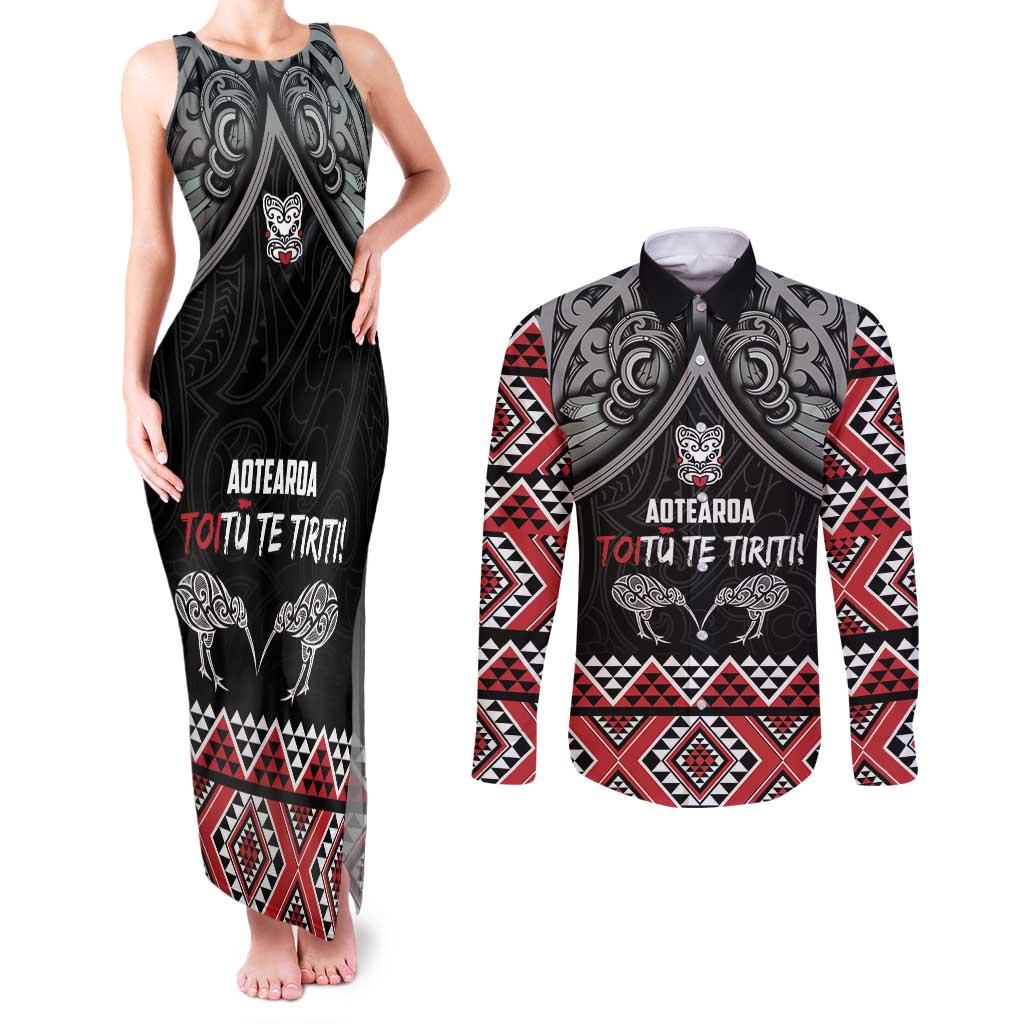 Aotearoa Toitu Te Tiriti Waitangi Couples Matching Tank Maxi Dress and Long Sleeve Button Shirt Proud To Be Maori LT01 Black - Polynesian Pride