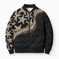 Beige Polynesian Starfish Unique Pattern Bomber Puffer Jacket