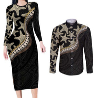 Beige Polynesian Starfish Unique Pattern Couples Matching Long Sleeve Bodycon Dress and Long Sleeve Button Shirt