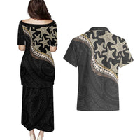 Beige Polynesian Starfish Unique Pattern Couples Matching Puletasi and Hawaiian Shirt