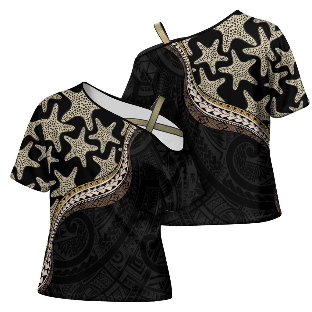 Beige Polynesian Starfish Unique Pattern Cross Shoulder Shirt