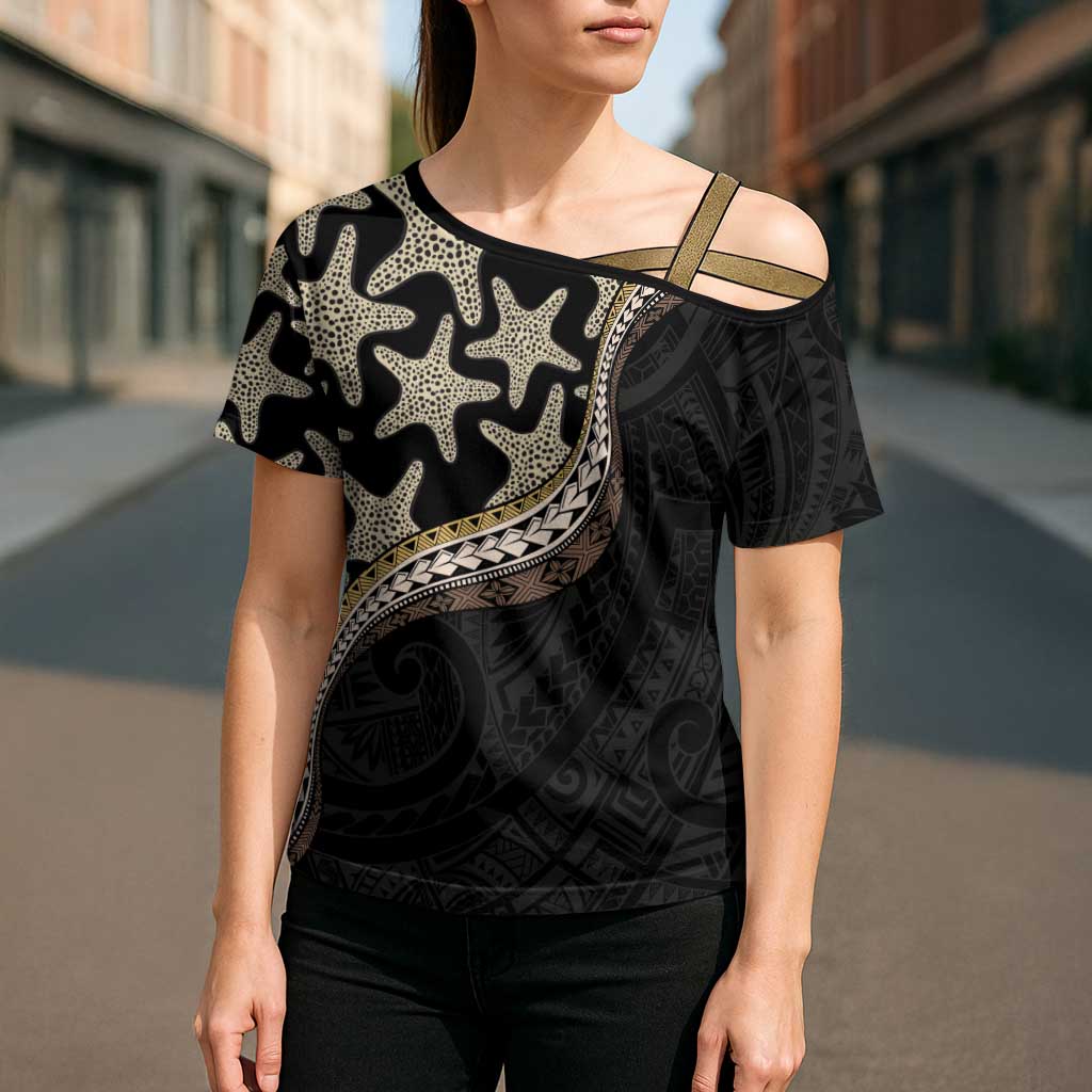 Beige Polynesian Starfish Unique Pattern Cross Shoulder Shirt