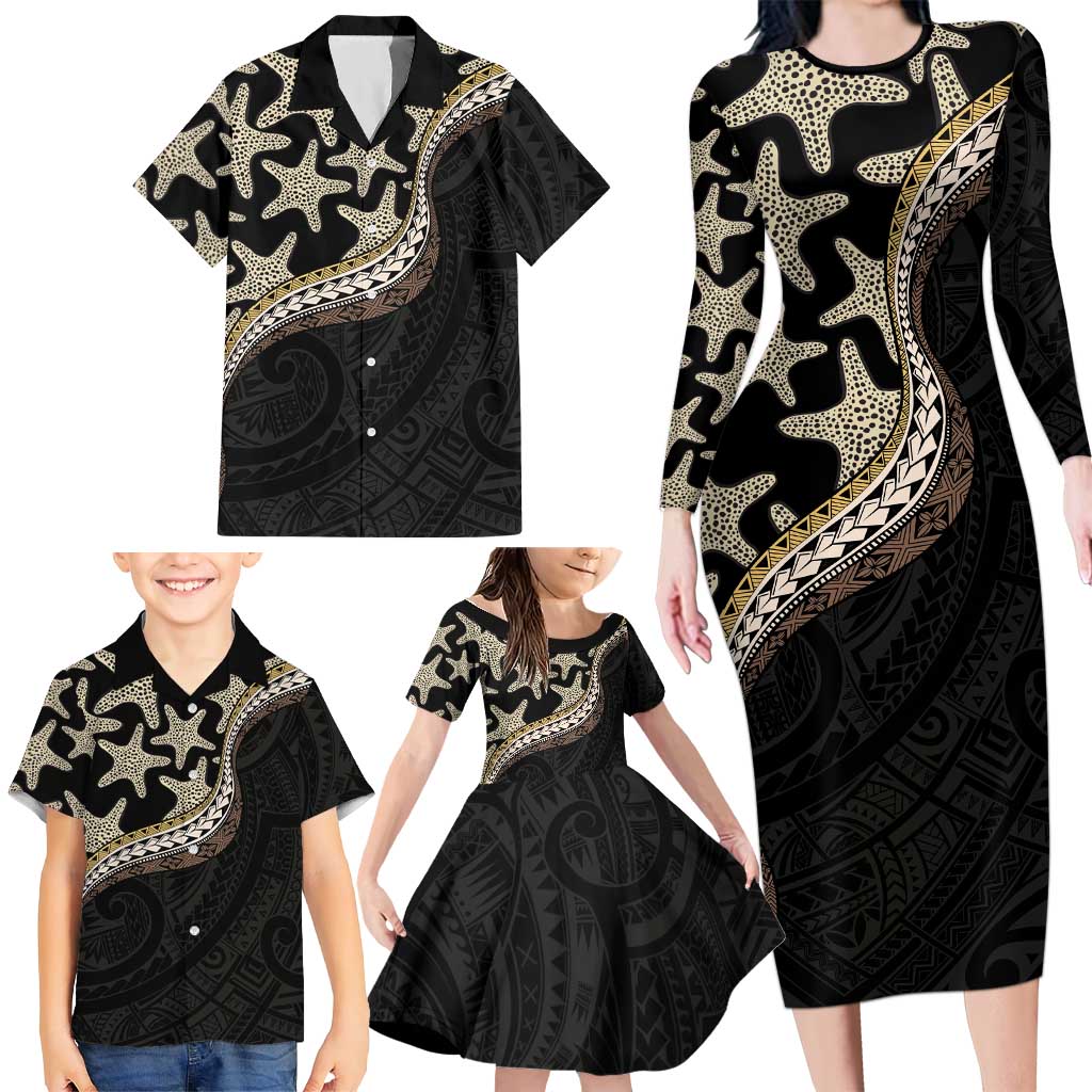 Beige Polynesian Starfish Unique Pattern Family Matching Long Sleeve Bodycon Dress and Hawaiian Shirt