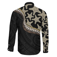 Beige Polynesian Starfish Unique Pattern Family Matching Long Sleeve Bodycon Dress and Hawaiian Shirt