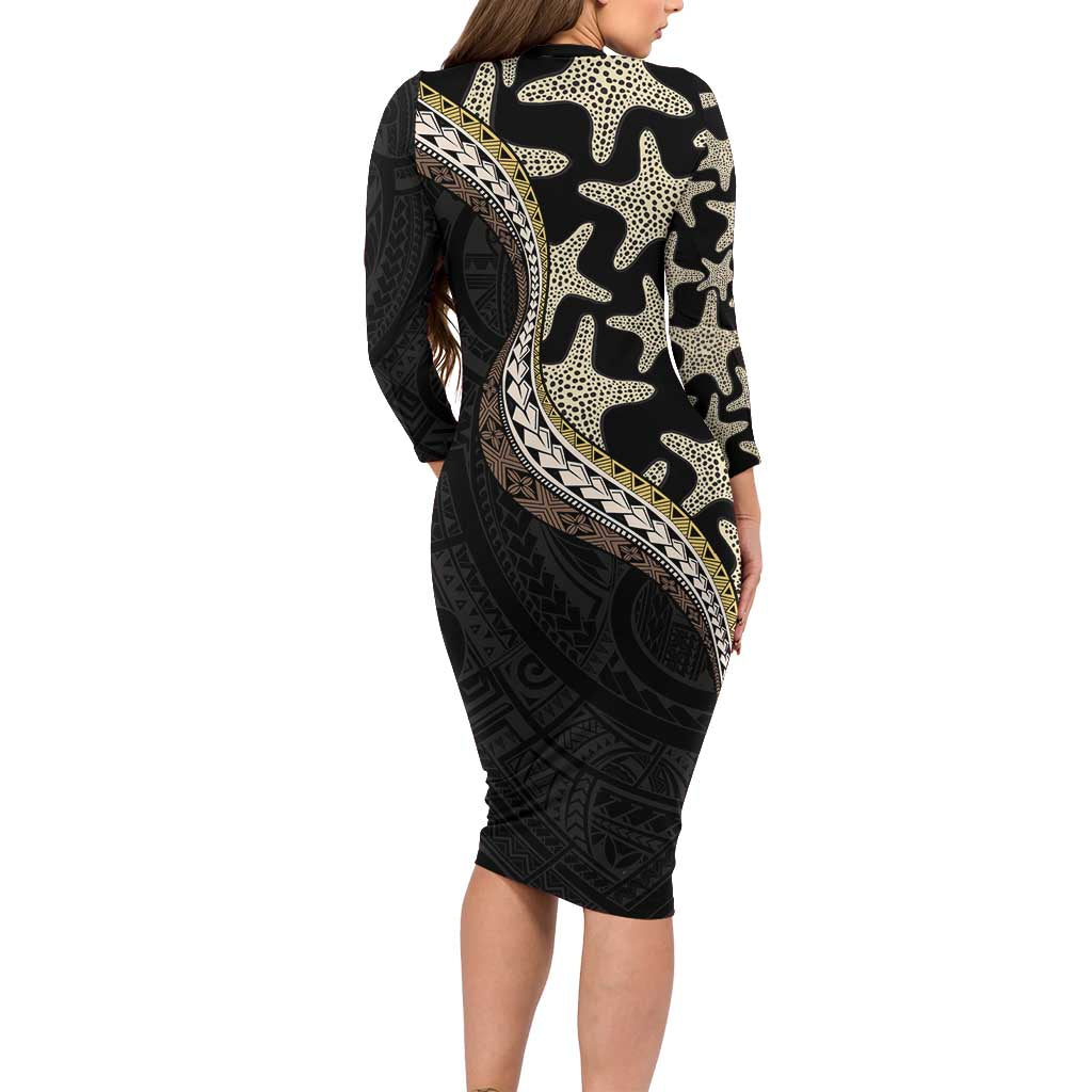 Beige Polynesian Starfish Unique Pattern Family Matching Long Sleeve Bodycon Dress and Hawaiian Shirt