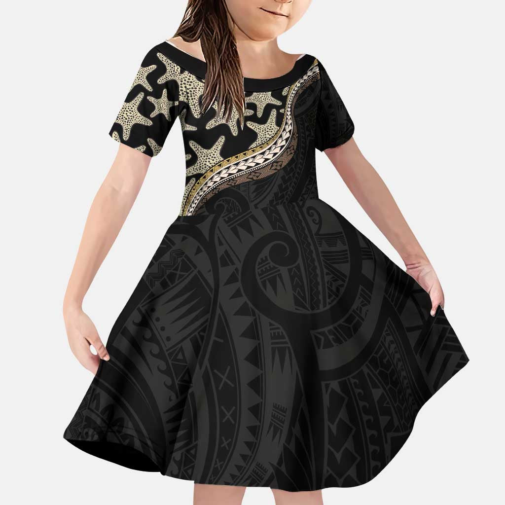 Beige Polynesian Starfish Unique Pattern Family Matching Off Shoulder Maxi Dress and Hawaiian Shirt