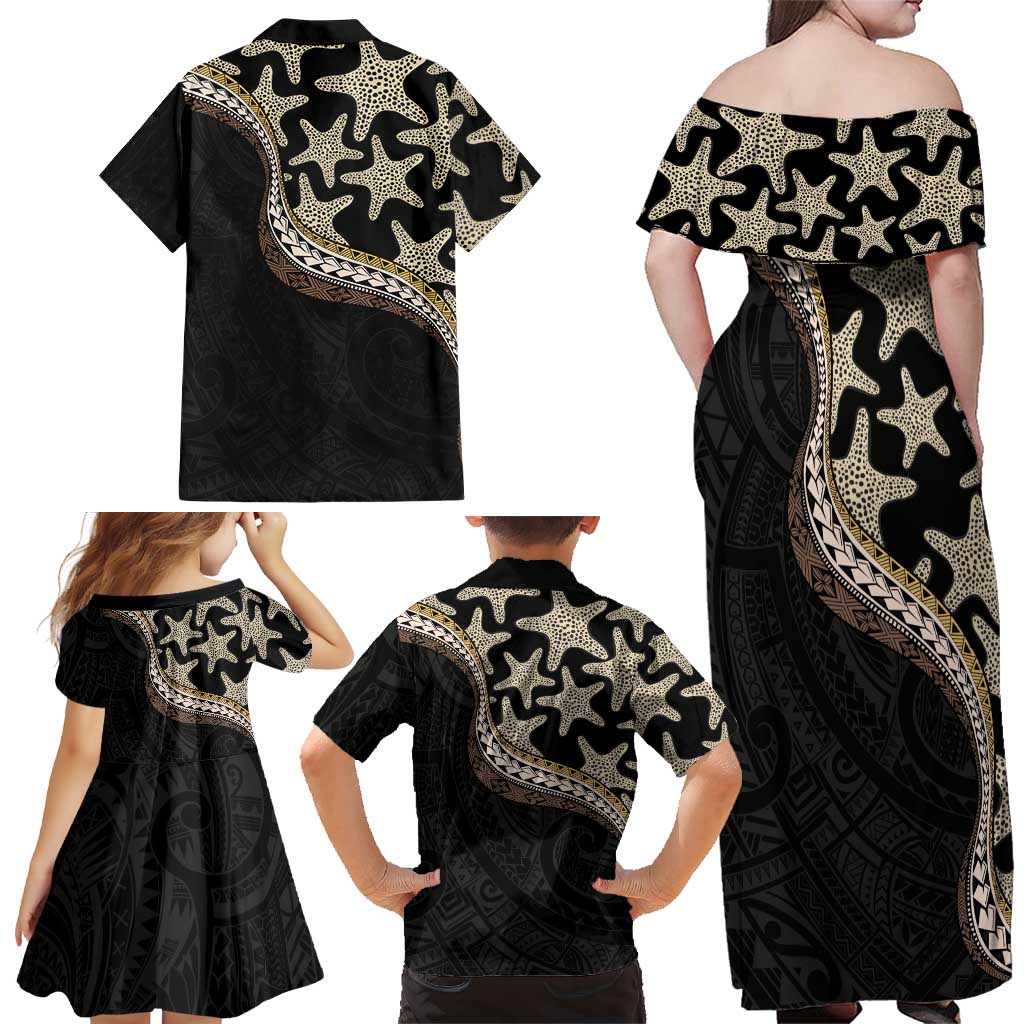 Beige Polynesian Starfish Unique Pattern Family Matching Off Shoulder Maxi Dress and Hawaiian Shirt