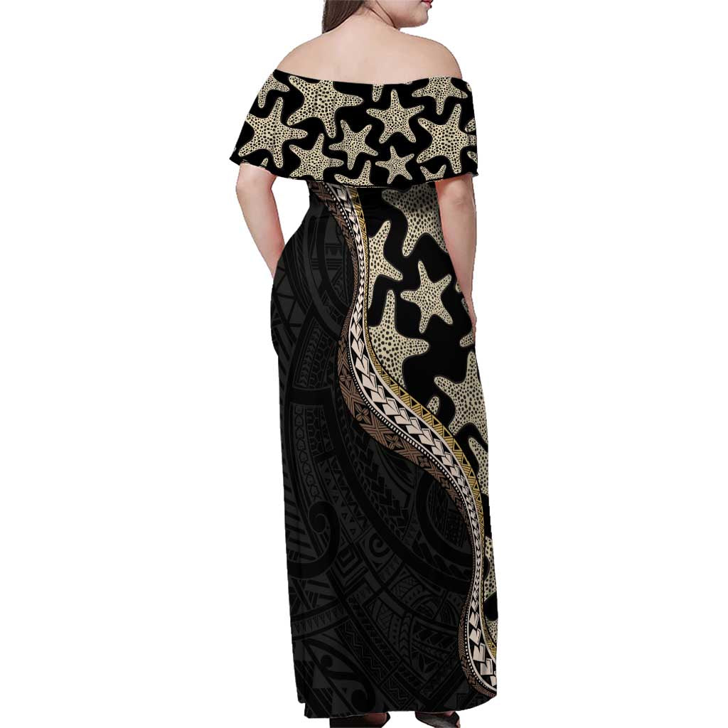 Beige Polynesian Starfish Unique Pattern Family Matching Off Shoulder Maxi Dress and Hawaiian Shirt