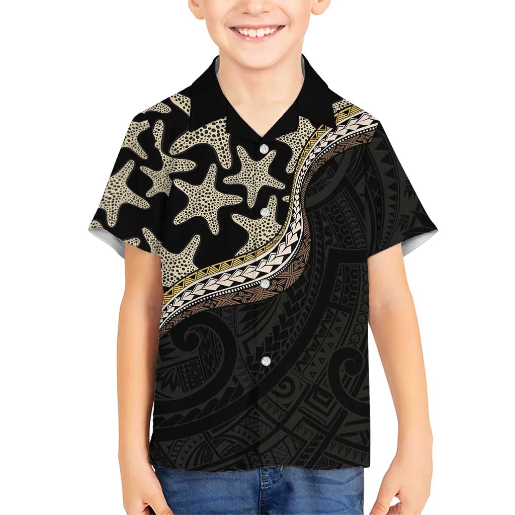 Beige Polynesian Starfish Unique Pattern Family Matching Off Shoulder Maxi Dress and Hawaiian Shirt