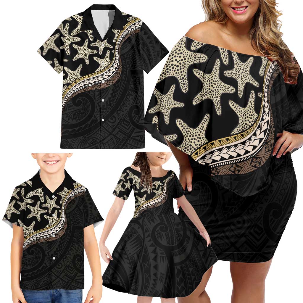 Beige Polynesian Starfish Unique Pattern Family Matching Off Shoulder Short Dress and Hawaiian Shirt