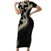 Beige Polynesian Starfish Unique Pattern Family Matching Short Sleeve Bodycon Dress and Hawaiian Shirt