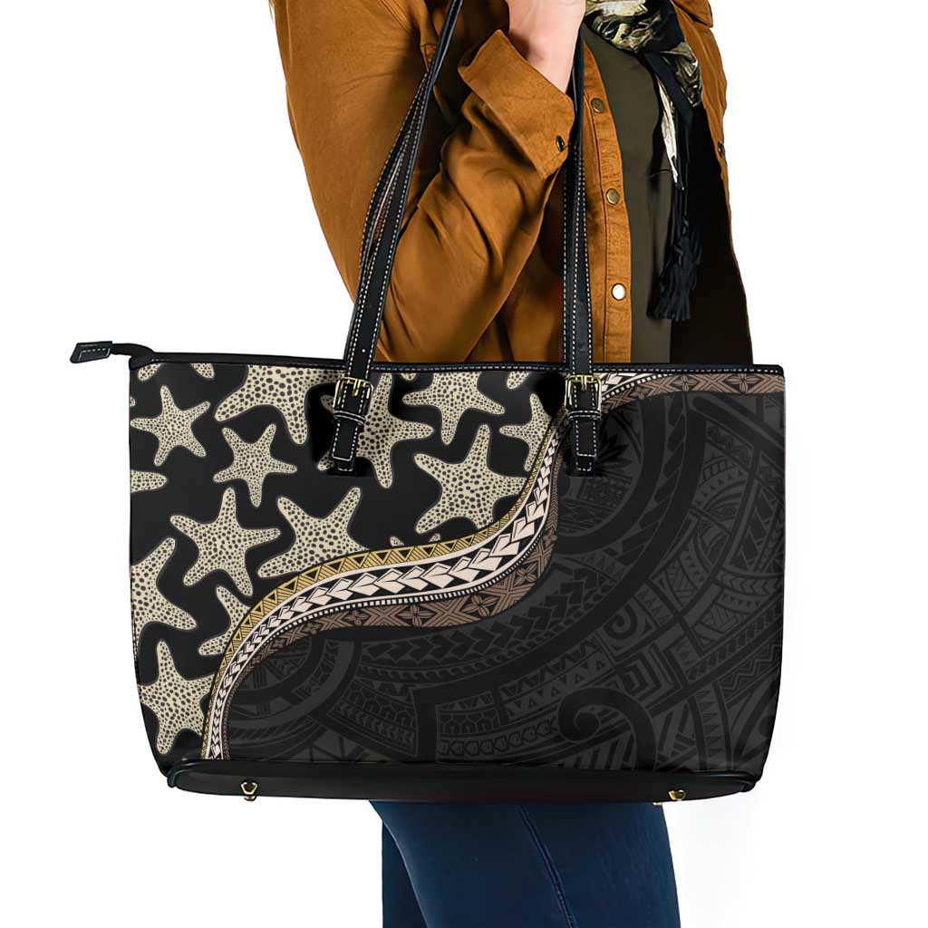 Beige Polynesian Starfish Unique Pattern Leather Tote Bag