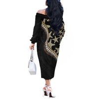 Beige Polynesian Starfish Unique Pattern Off The Shoulder Long Sleeve Dress