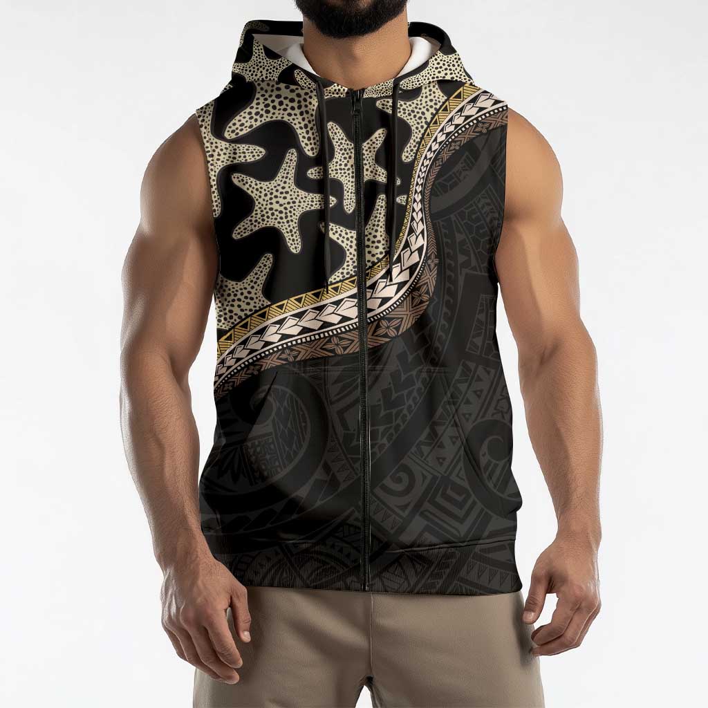 Beige Polynesian Starfish Unique Pattern Sleeveless Zip Hoodie