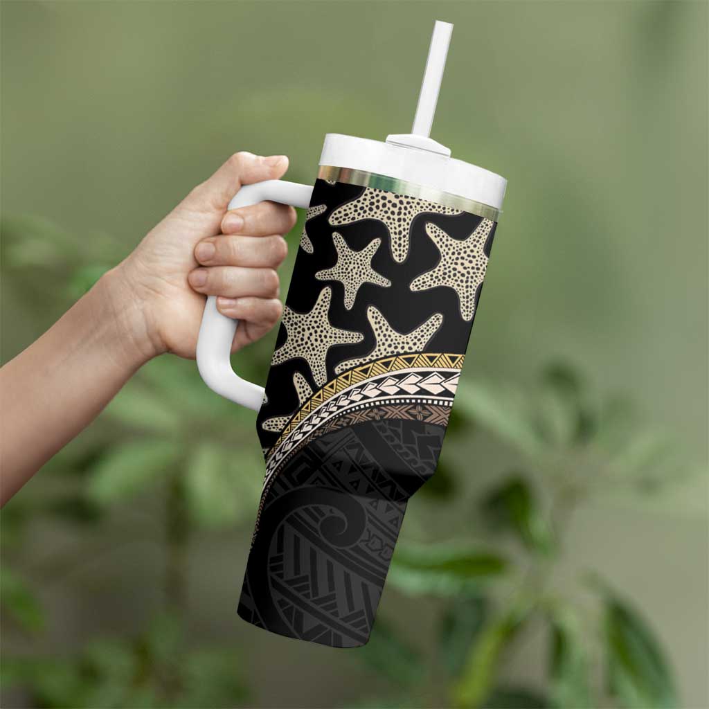 Beige Polynesian Starfish Unique Pattern Tumbler With Handle