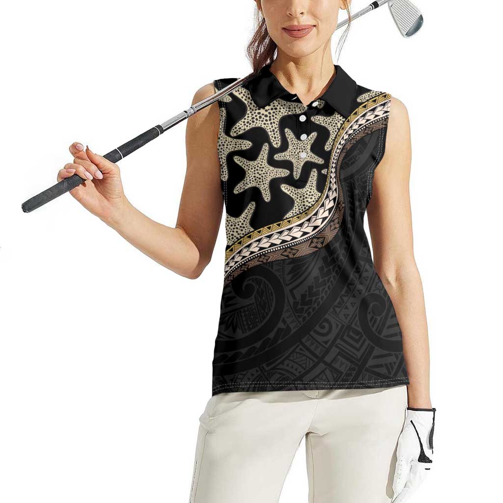 Beige Polynesian Starfish Unique Pattern Women Sleeveless Polo Shirt