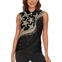 Beige Polynesian Starfish Unique Pattern Women Sleeveless Polo Shirt