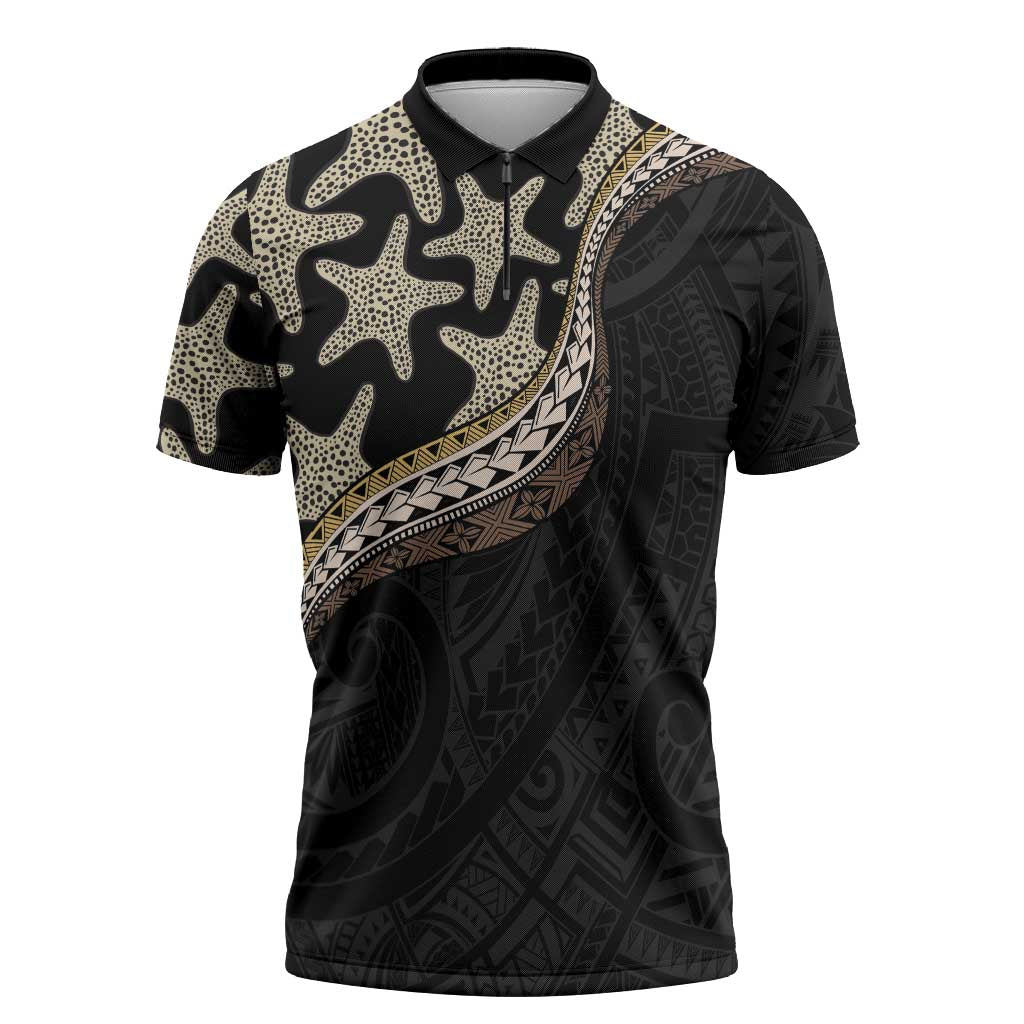 Beige Polynesian Starfish Unique Pattern Zipper Polo Shirt