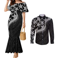 Monotone Polynesian Starfish Unique Pattern Couples Matching Mermaid Dress and Long Sleeve Button Shirt