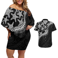Monotone Polynesian Starfish Unique Pattern Couples Matching Off Shoulder Short Dress and Hawaiian Shirt