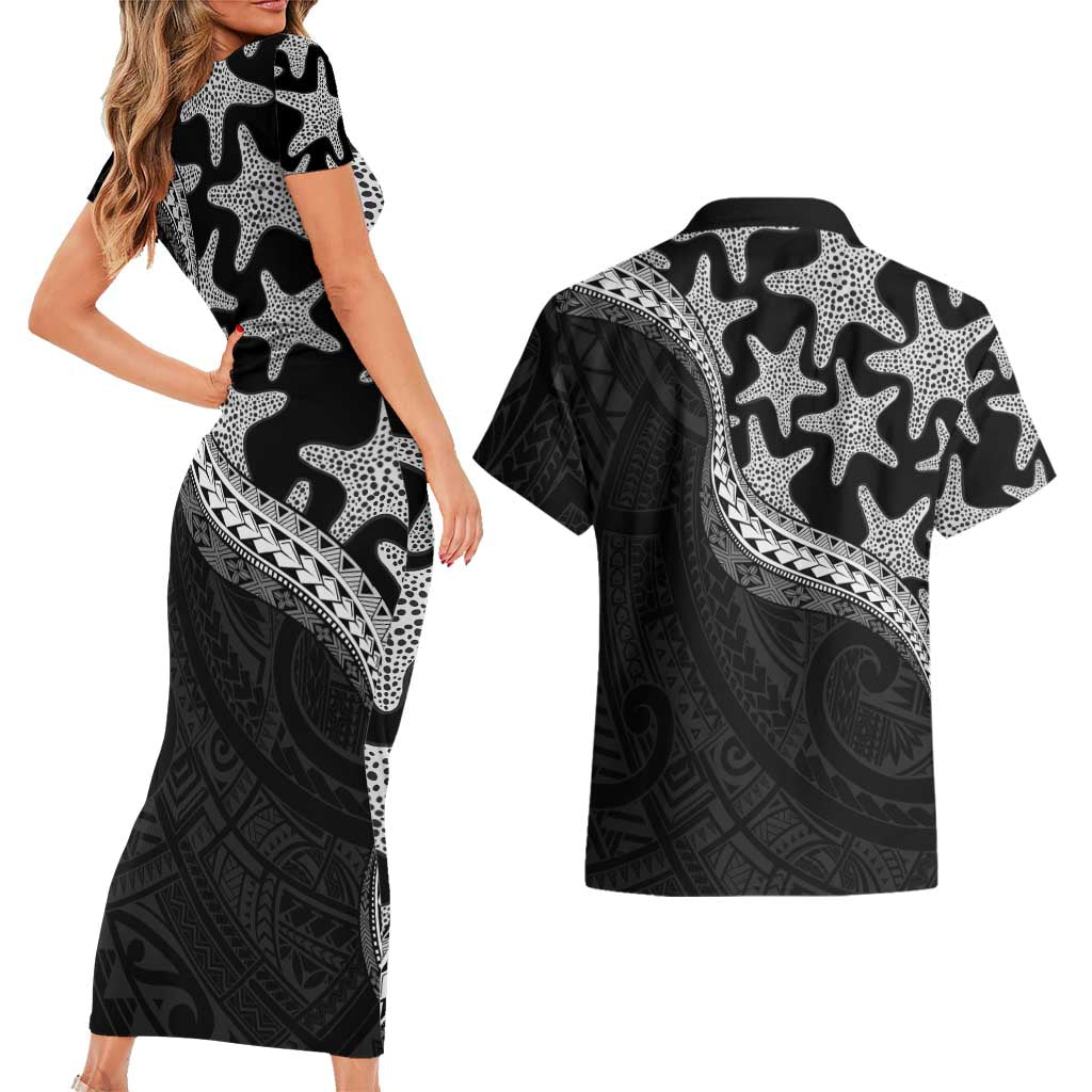 Monotone Polynesian Starfish Unique Pattern Couples Matching Short Sleeve Bodycon Dress and Hawaiian Shirt