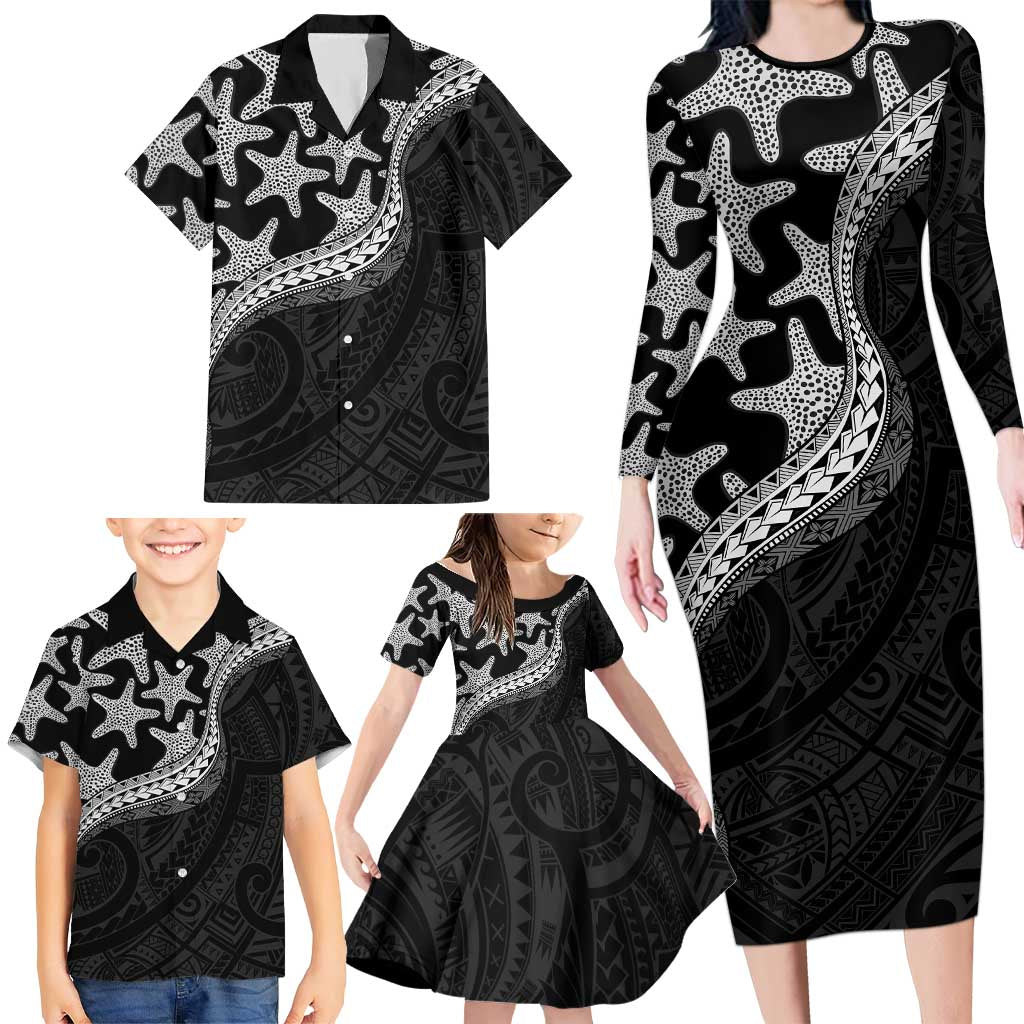 Monotone Polynesian Starfish Unique Pattern Family Matching Long Sleeve Bodycon Dress and Hawaiian Shirt