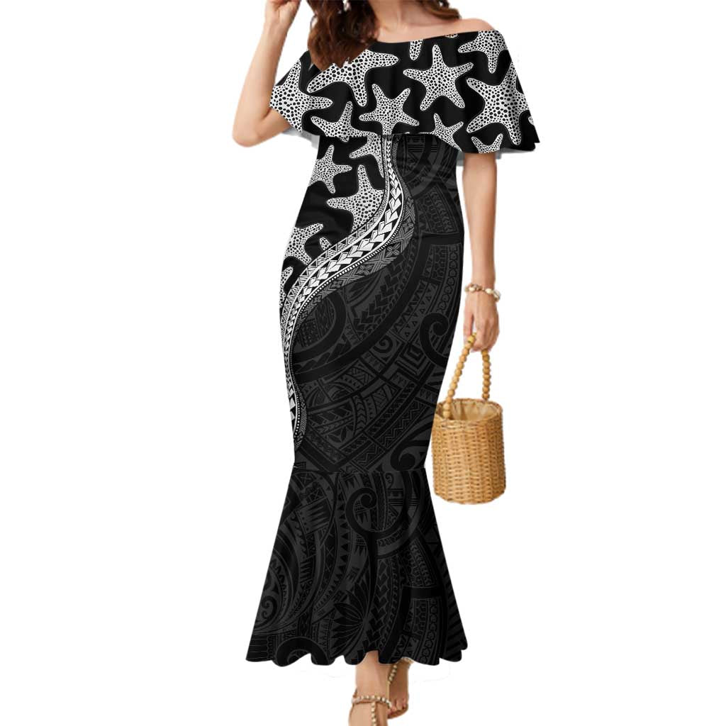 Monotone Polynesian Starfish Unique Pattern Family Matching Mermaid Dress and Hawaiian Shirt