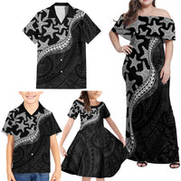 Monotone Polynesian Starfish Unique Pattern Family Matching Off Shoulder Maxi Dress and Hawaiian Shirt