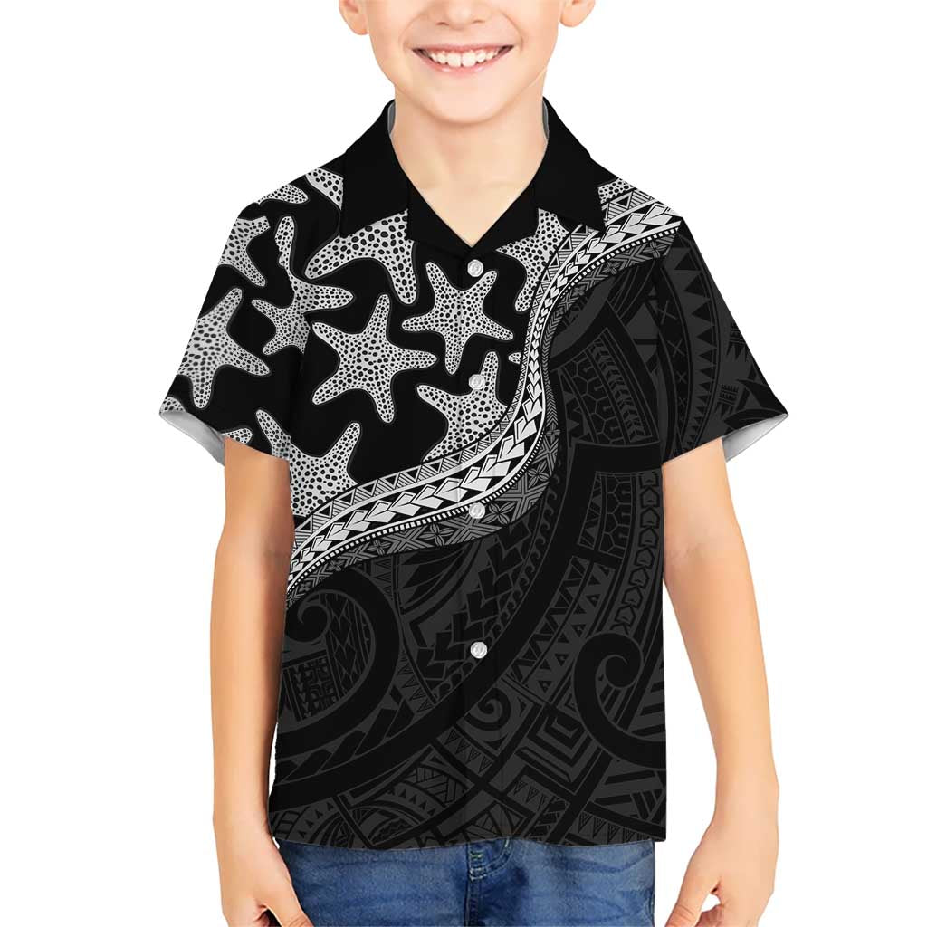 Monotone Polynesian Starfish Unique Pattern Family Matching Off Shoulder Short Dress and Hawaiian Shirt