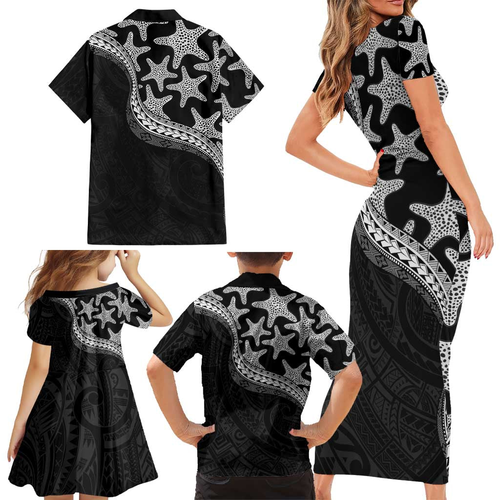 Monotone Polynesian Starfish Unique Pattern Family Matching Short Sleeve Bodycon Dress and Hawaiian Shirt