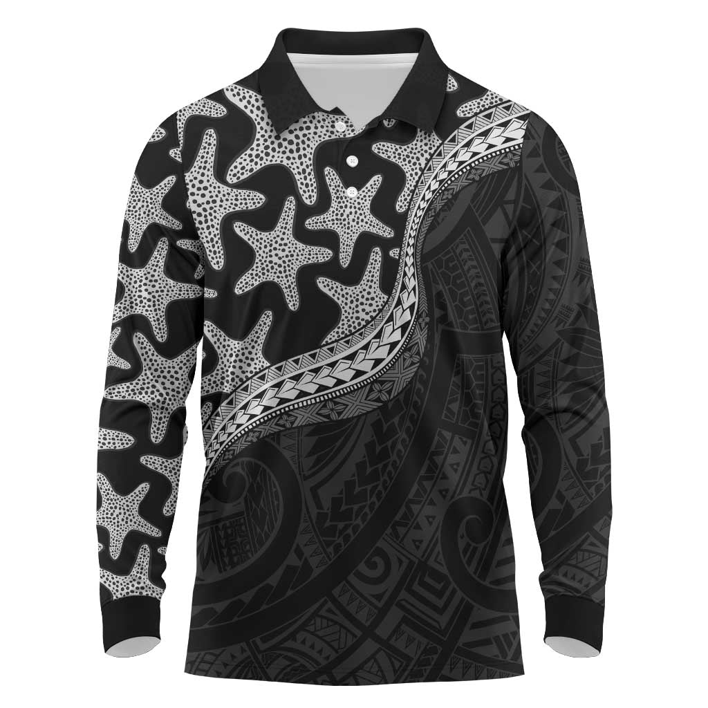 Monotone Polynesian Starfish Unique Pattern Long Sleeve Polo Shirt