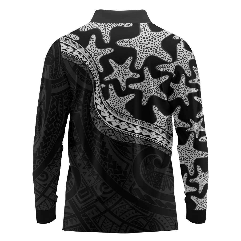 Monotone Polynesian Starfish Unique Pattern Long Sleeve Polo Shirt