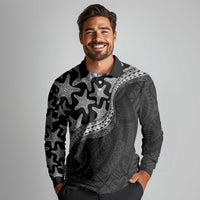 Monotone Polynesian Starfish Unique Pattern Long Sleeve Polo Shirt
