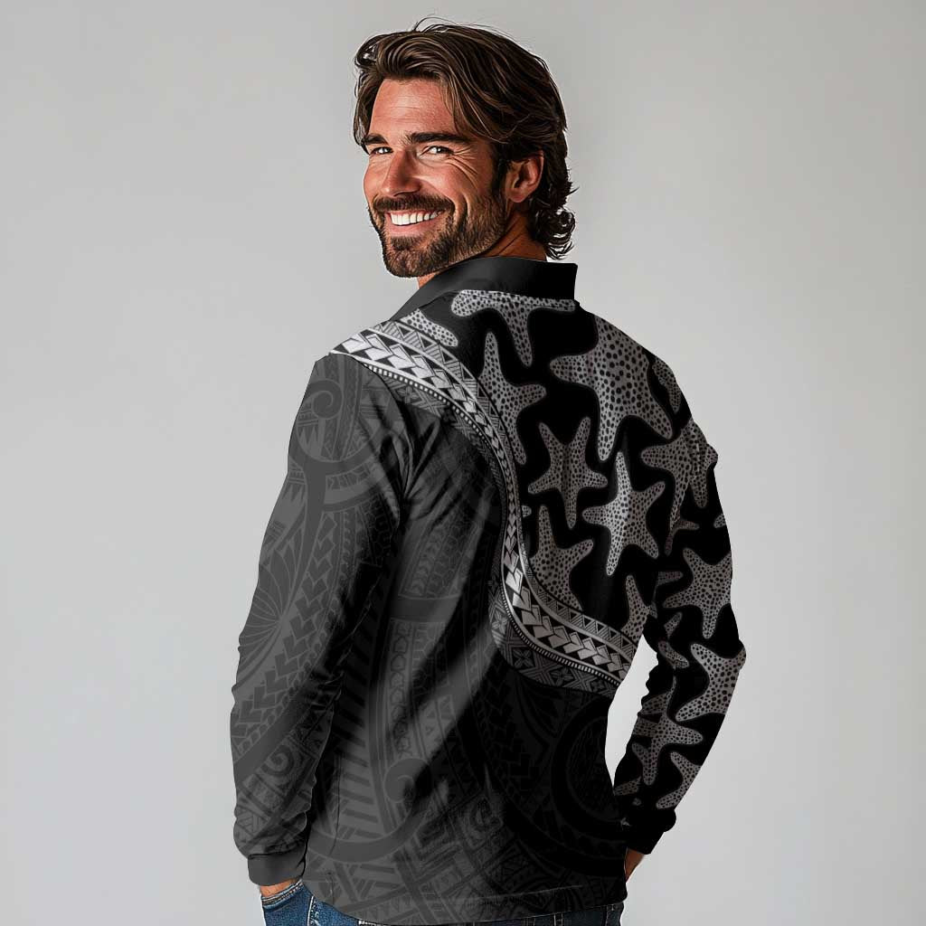 Monotone Polynesian Starfish Unique Pattern Long Sleeve Polo Shirt