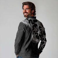 Monotone Polynesian Starfish Unique Pattern Long Sleeve Polo Shirt