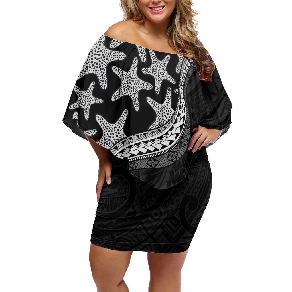Monotone Polynesian Starfish Unique Pattern Off Shoulder Short Dress
