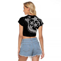 Monotone Polynesian Starfish Unique Pattern Raglan Cropped T Shirt