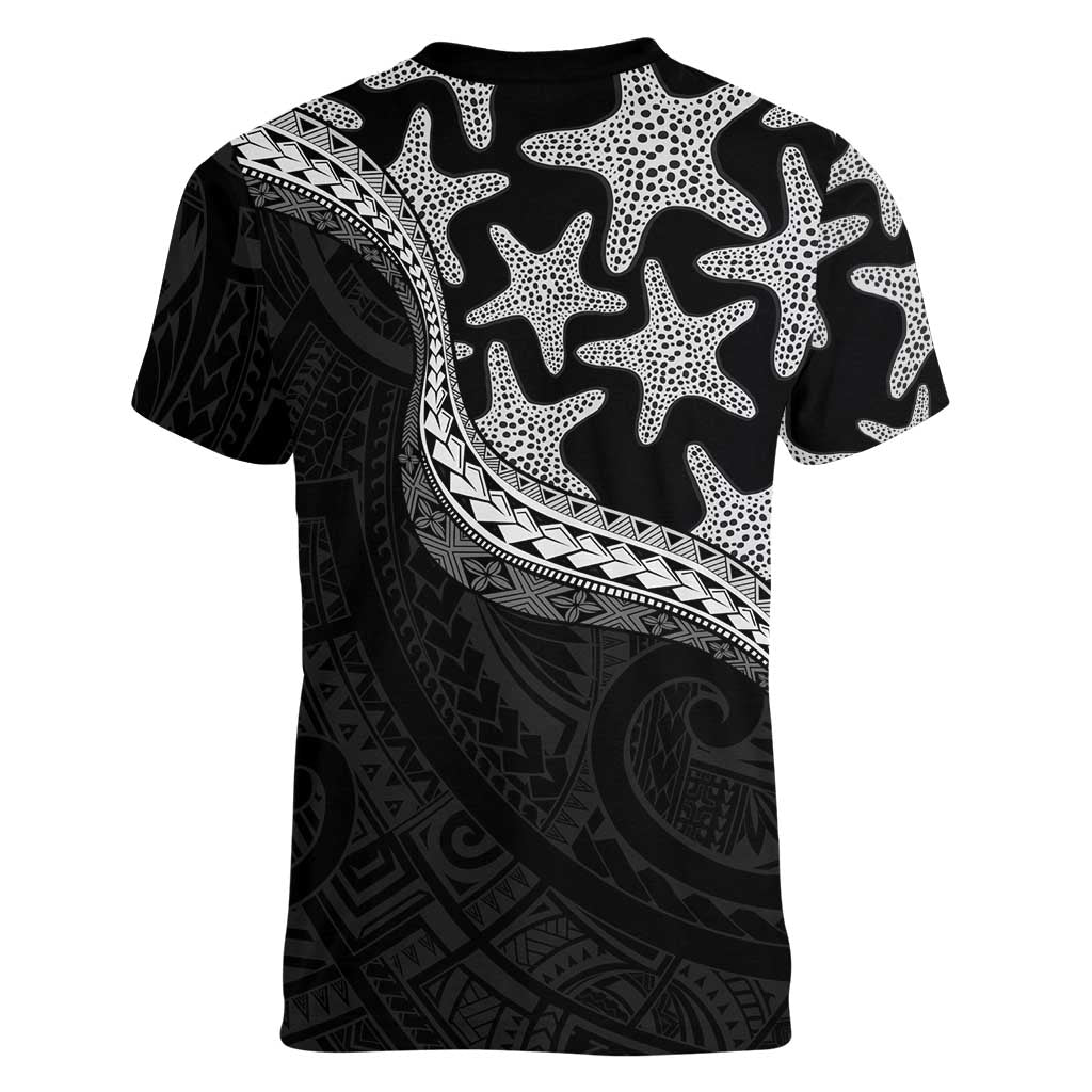 Monotone Polynesian Starfish Unique Pattern Women V-Neck T-Shirt