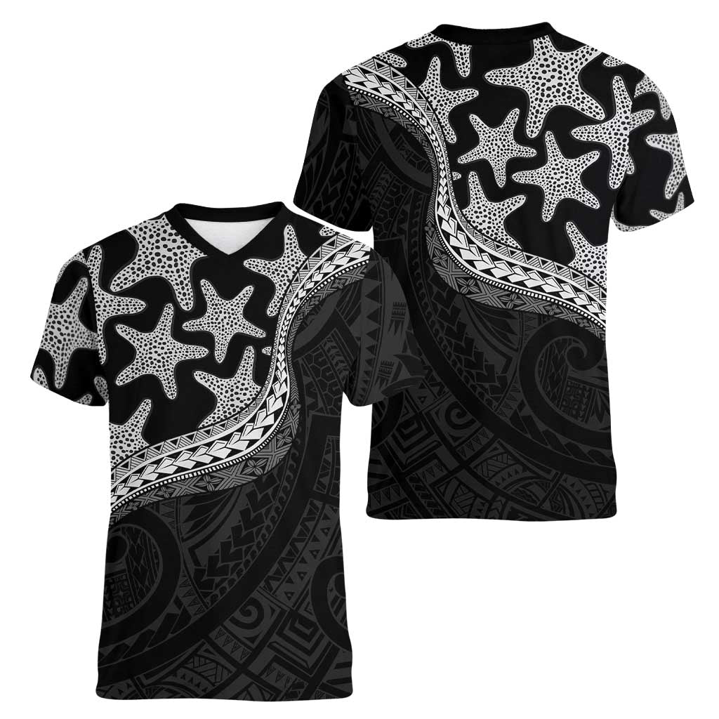 Monotone Polynesian Starfish Unique Pattern Women V-Neck T-Shirt