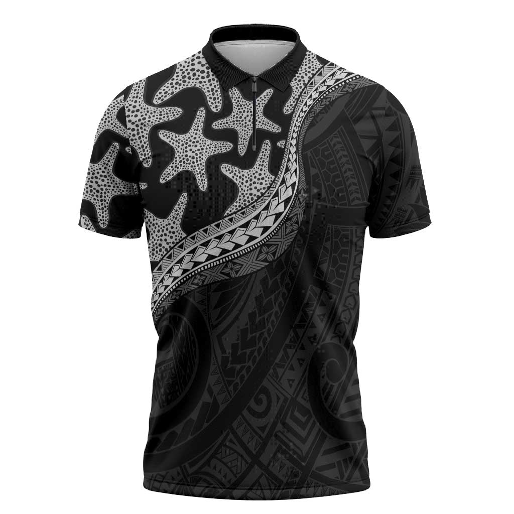 Monotone Polynesian Starfish Unique Pattern Zipper Polo Shirt