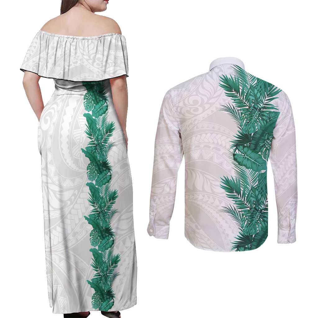 Hawaii Tropical Leaves Couples Matching Off Shoulder Maxi Dress and Long Sleeve Button Shirt Polynesian Pattern