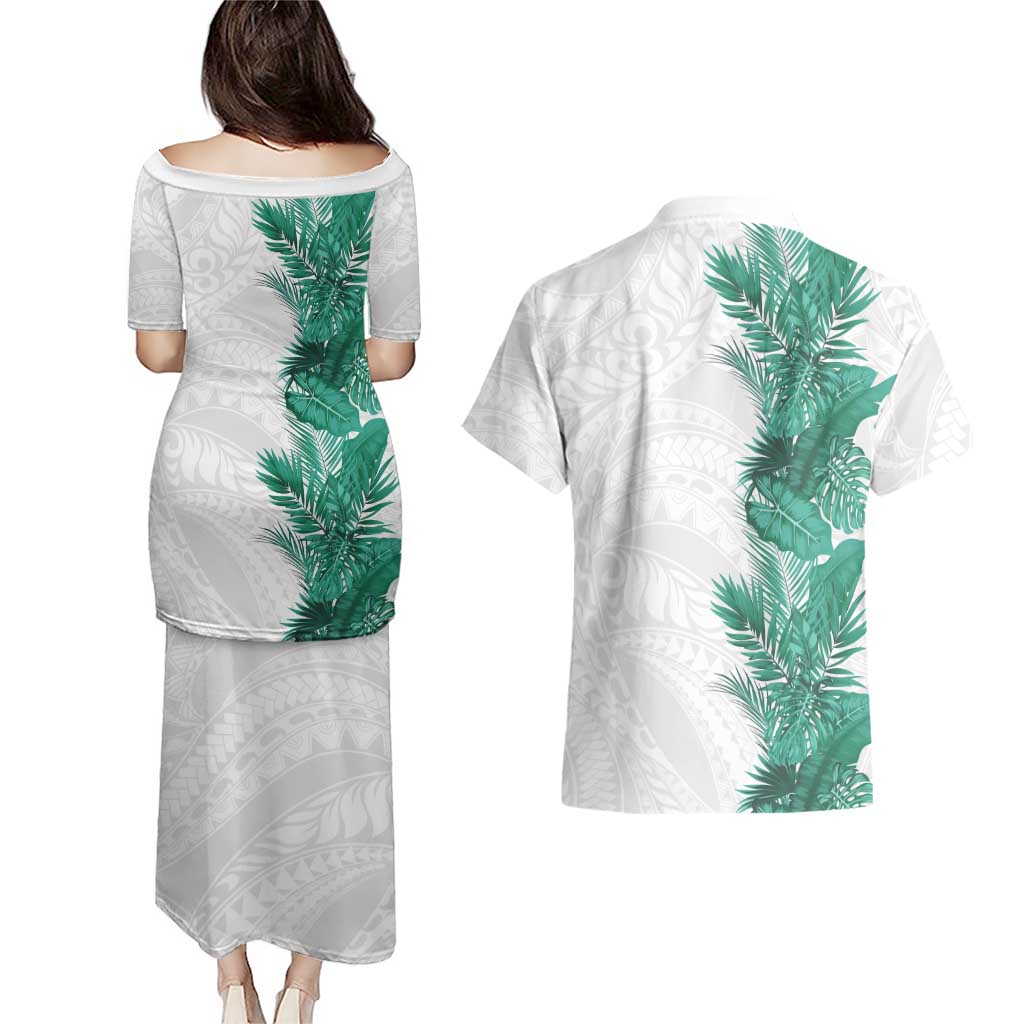 Hawaii Tropical Leaves Couples Matching Puletasi and Hawaiian Shirt Polynesian Pattern