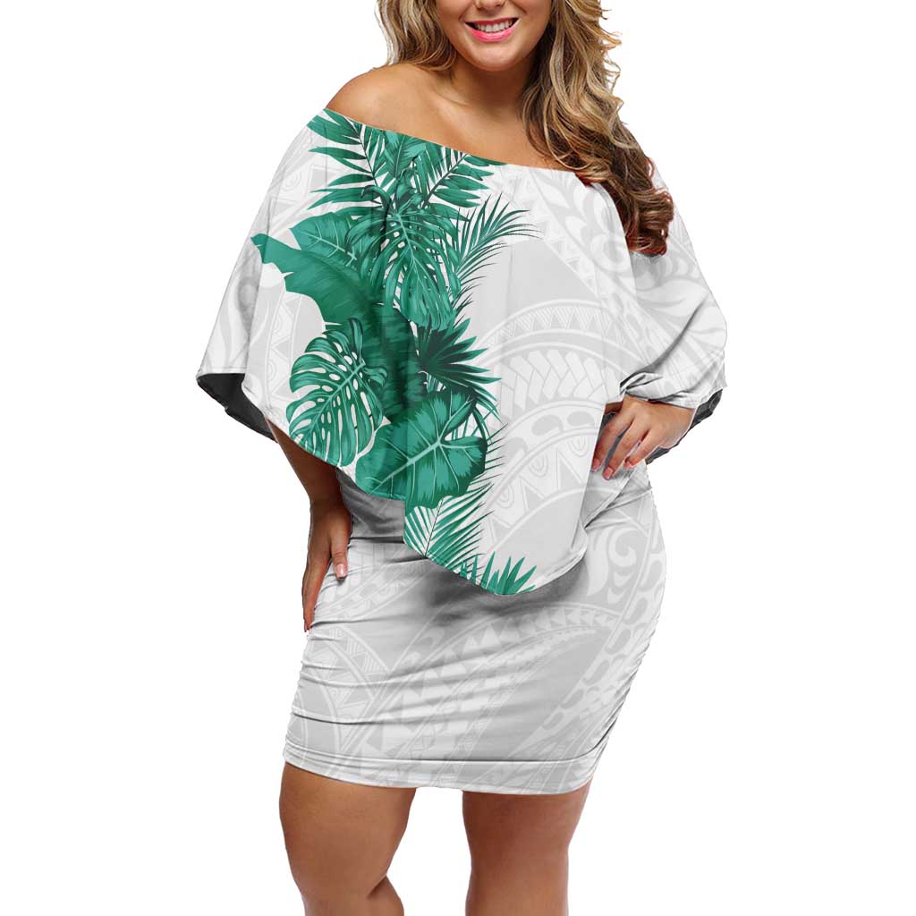 Hawaii Tropical Leaves Off Shoulder Short Dress Polynesian Pattern