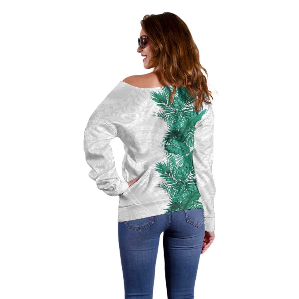 Hawaii Tropical Leaves Off Shoulder Sweater Polynesian Pattern