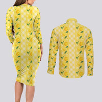 Hawaii Lemon Palaka Couples Matching Long Sleeve Bodycon Dress and Long Sleeve Button Shirt Striped Stylized