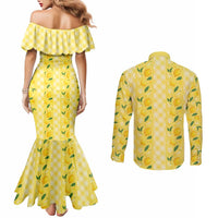 Hawaii Lemon Palaka Couples Matching Mermaid Dress and Long Sleeve Button Shirt Striped Stylized
